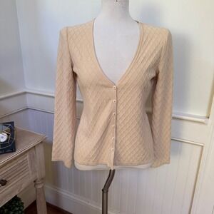 St John Collection Beige Diamond Quilted Knit‎ V-Neck Cardigan Sweater Petite P